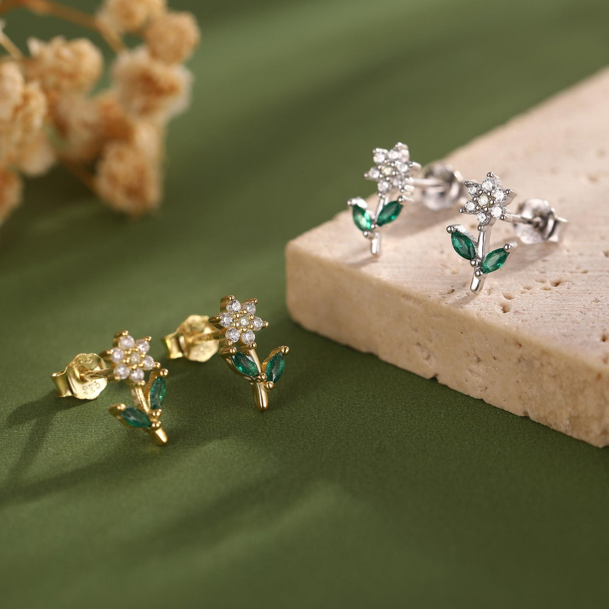 Opal Clear CZ Flower Stud Earrings in Sterling Silver, Silver, Gold, Delicate CZ Flower Stud Earrings