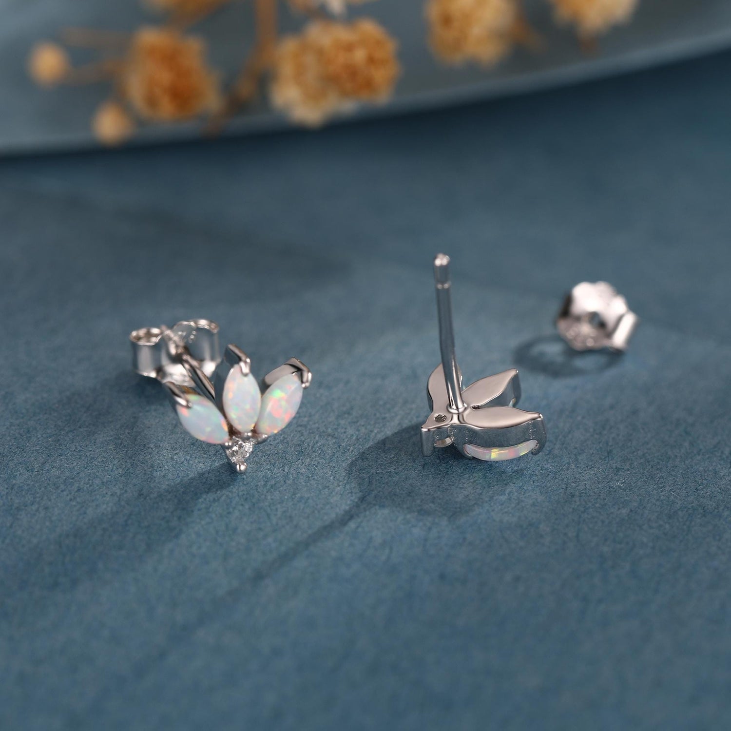 Sterling Silver White Opal Marquise Cluster CZ Stud Earrings, Marquise Fan Stud, Opal Crown Stud, Gold or Silver, Minimalist