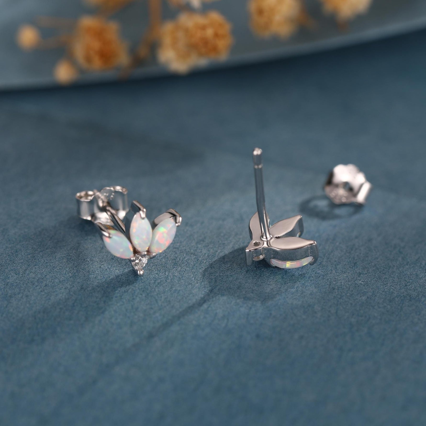 Sterling Silver White Opal Marquise Cluster CZ Stud Earrings, Marquise Fan Stud, Opal Crown Stud, Gold or Silver, Minimalist