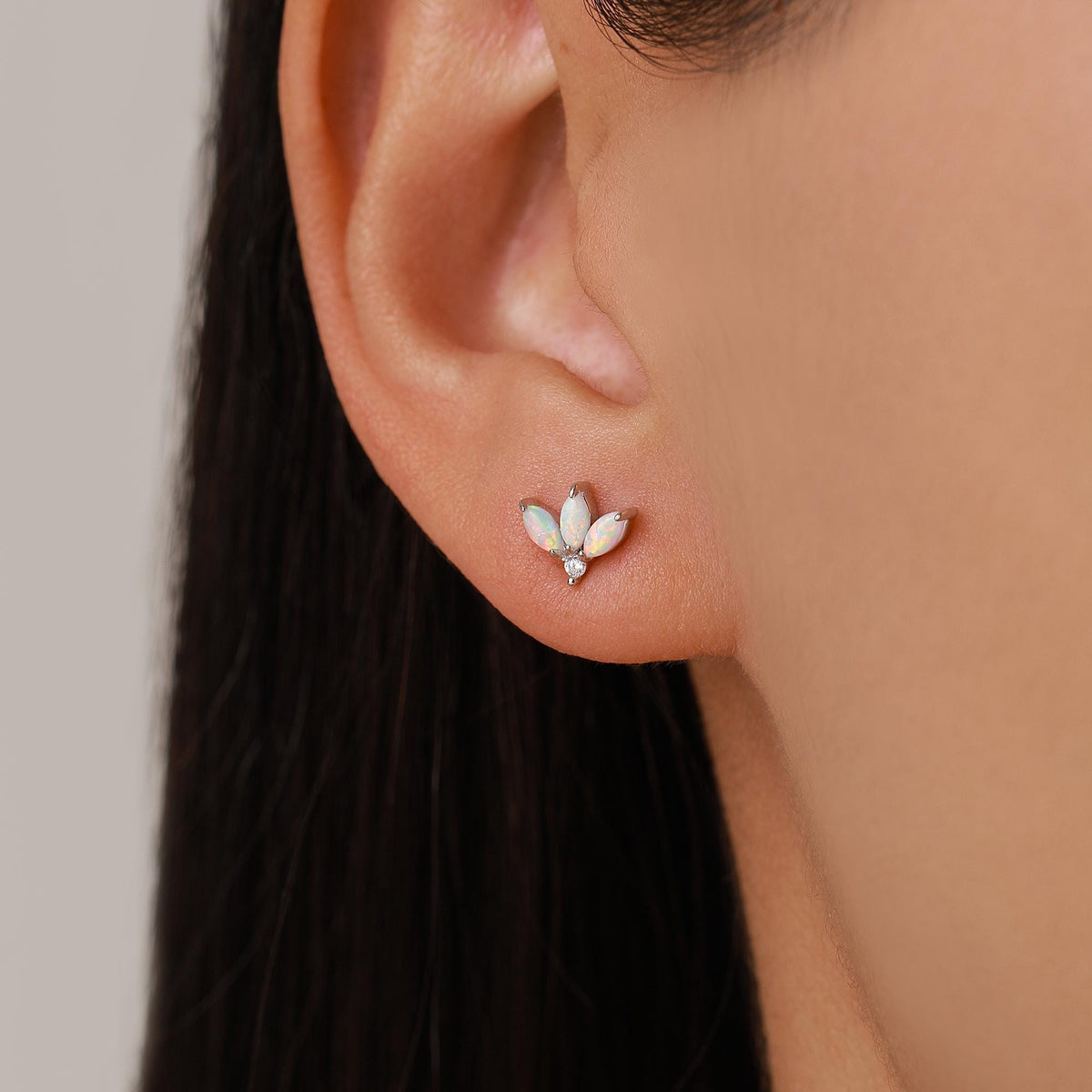 Sterling Silver White Opal Marquise Cluster CZ Stud Earrings, Marquise Fan Stud, Opal Crown Stud, Gold or Silver, Minimalist