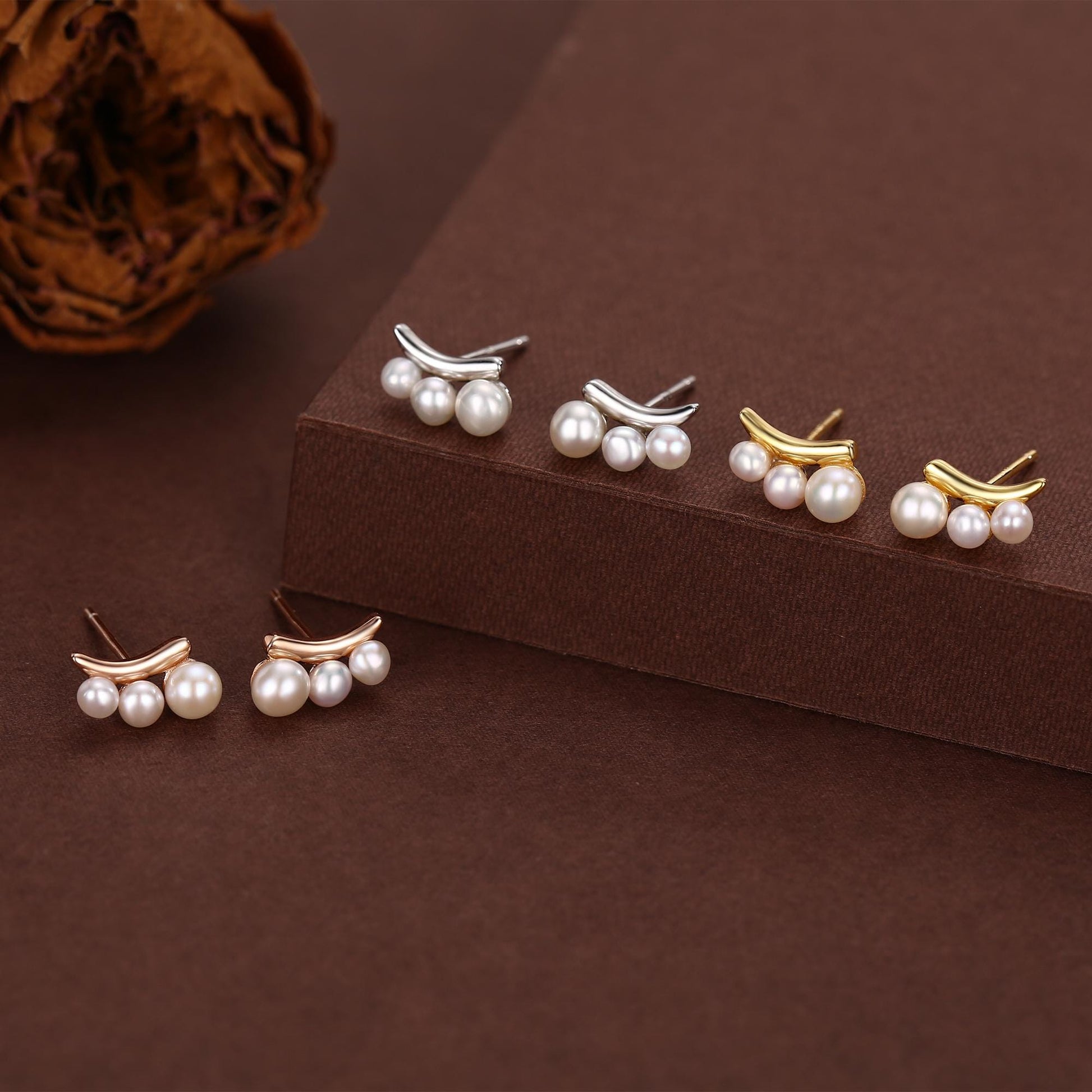 Natural Pearl Trio Stud Earrings in Sterling Silver, Curved Freshwater Pearl Mini Bar Earrings, Silver or Gold or Rose Gold, Pearl Earrings