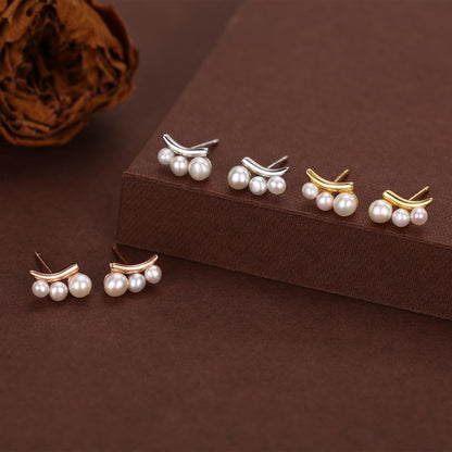 Natural Pearl Trio Stud Earrings in Sterling Silver, Curved Freshwater Pearl Mini Bar Earrings, Silver or Gold or Rose Gold, Pearl Earrings
