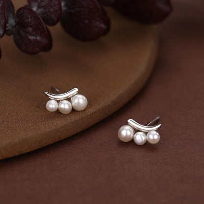 Natural Pearl Trio Stud Earrings in Sterling Silver, Curved Freshwater Pearl Mini Bar Earrings, Silver or Gold or Rose Gold, Pearl Earrings
