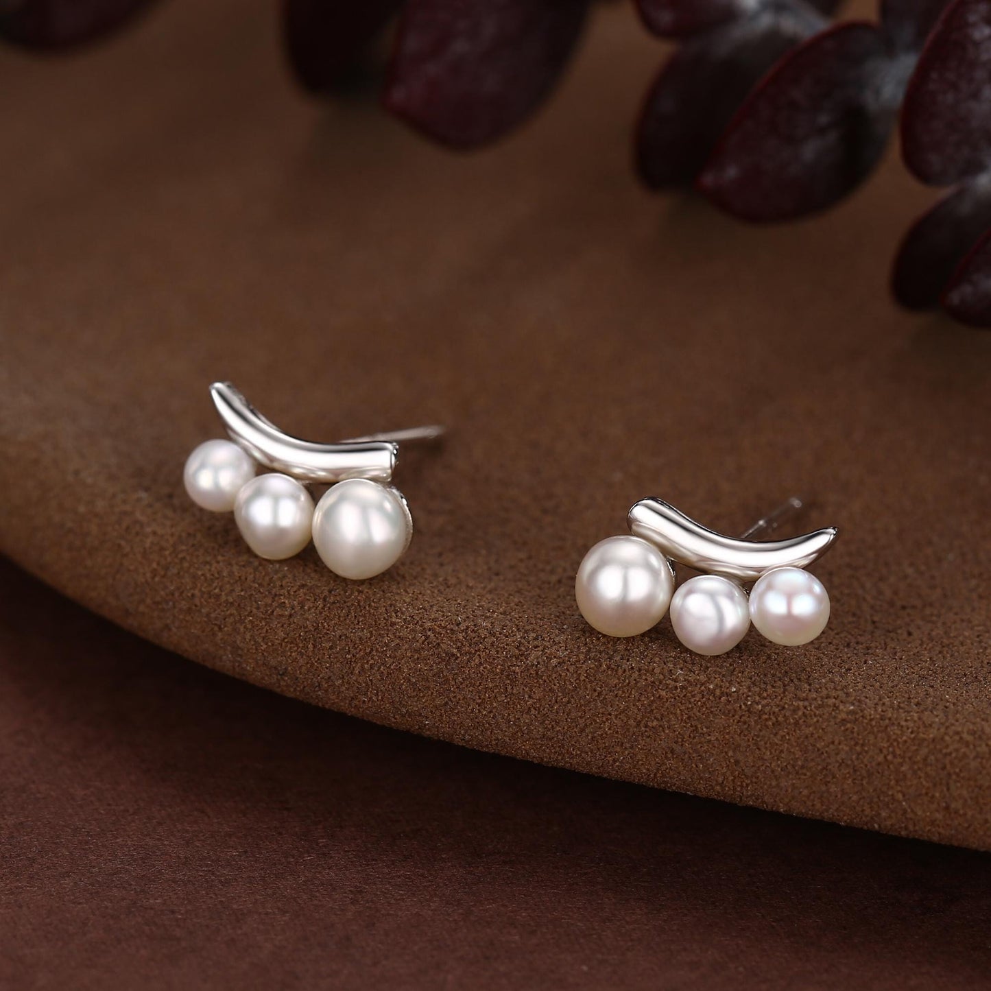 Natural Pearl Trio Stud Earrings in Sterling Silver, Curved Freshwater Pearl Mini Bar Earrings, Silver or Gold or Rose Gold, Pearl Earrings