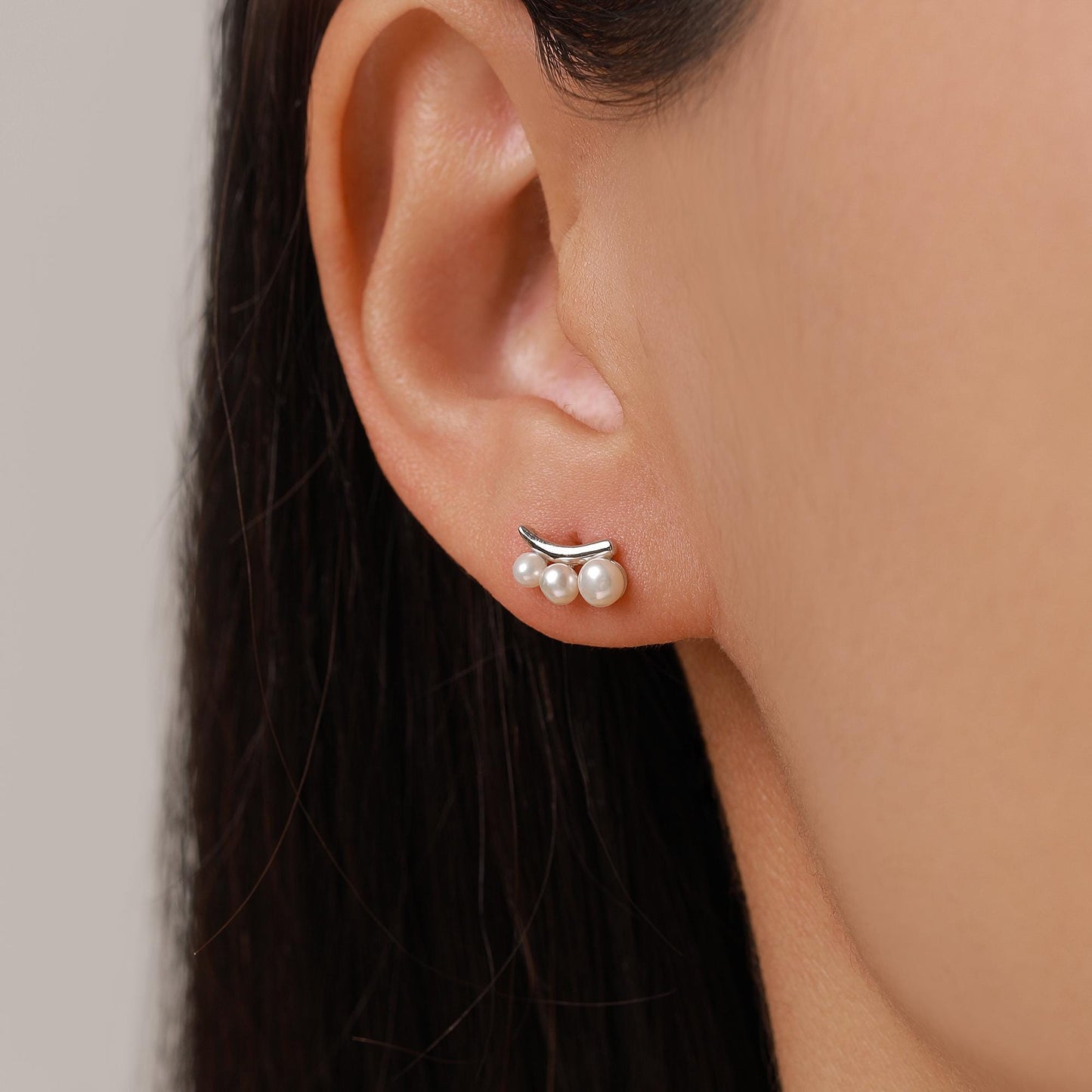 Natural Pearl Trio Stud Earrings in Sterling Silver, Curved Freshwater Pearl Mini Bar Earrings, Silver or Gold or Rose Gold, Pearl Earrings