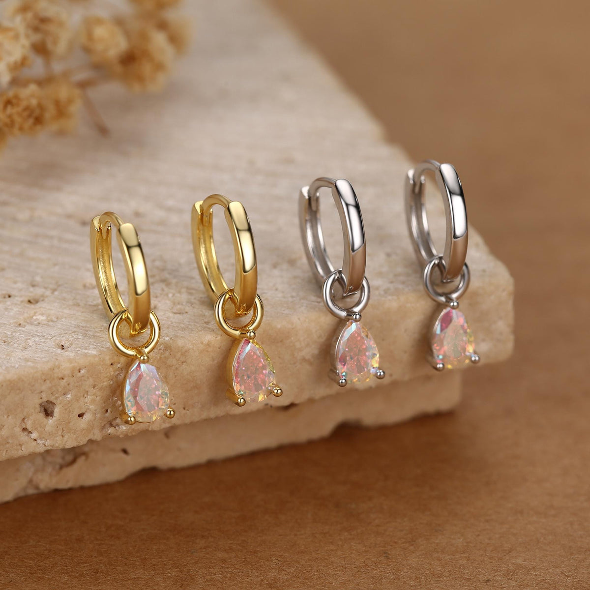 Sterling Silver Aurora AB CZ Droplet Hoop Earrings, Silver, Gold or Rose Gold, Pear Cut Drop Earrings, Interchangeable Charms