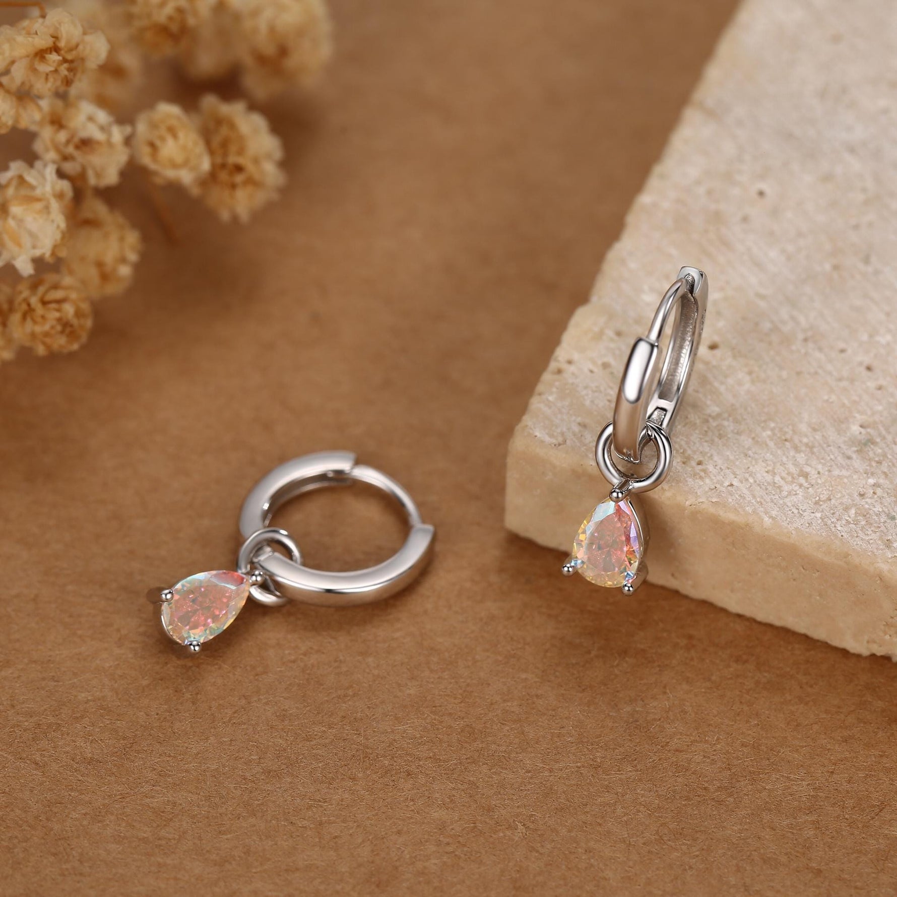 Sterling Silver Aurora AB CZ Droplet Hoop Earrings, Silver, Gold or Rose Gold, Pear Cut Drop Earrings, Interchangeable Charms