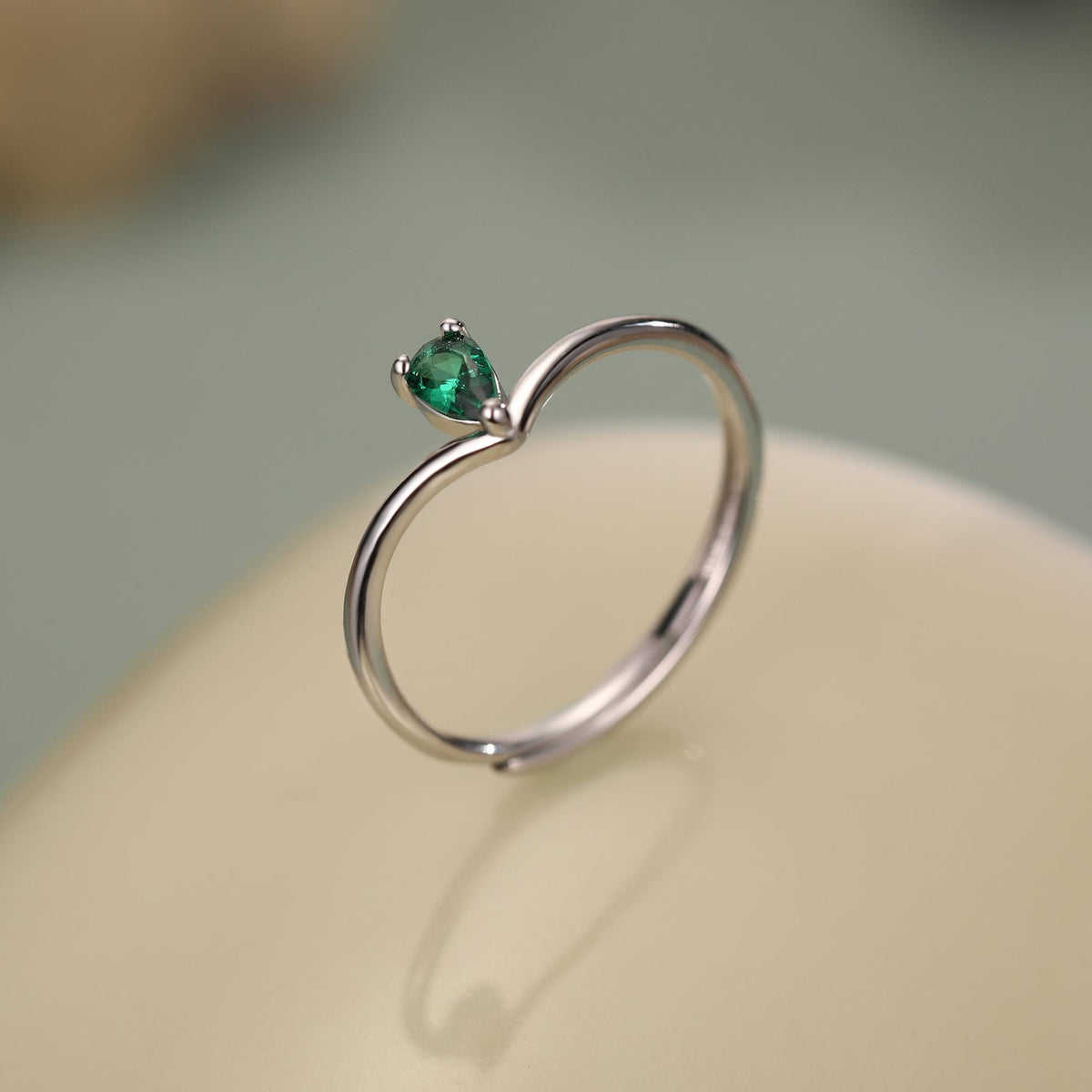 Emerald Green CZ Droplet Chevron Ring in Sterling Silver, 3x5mm, Prong Set Pear Cut V Ring, Adjustable Size, May Birthstone