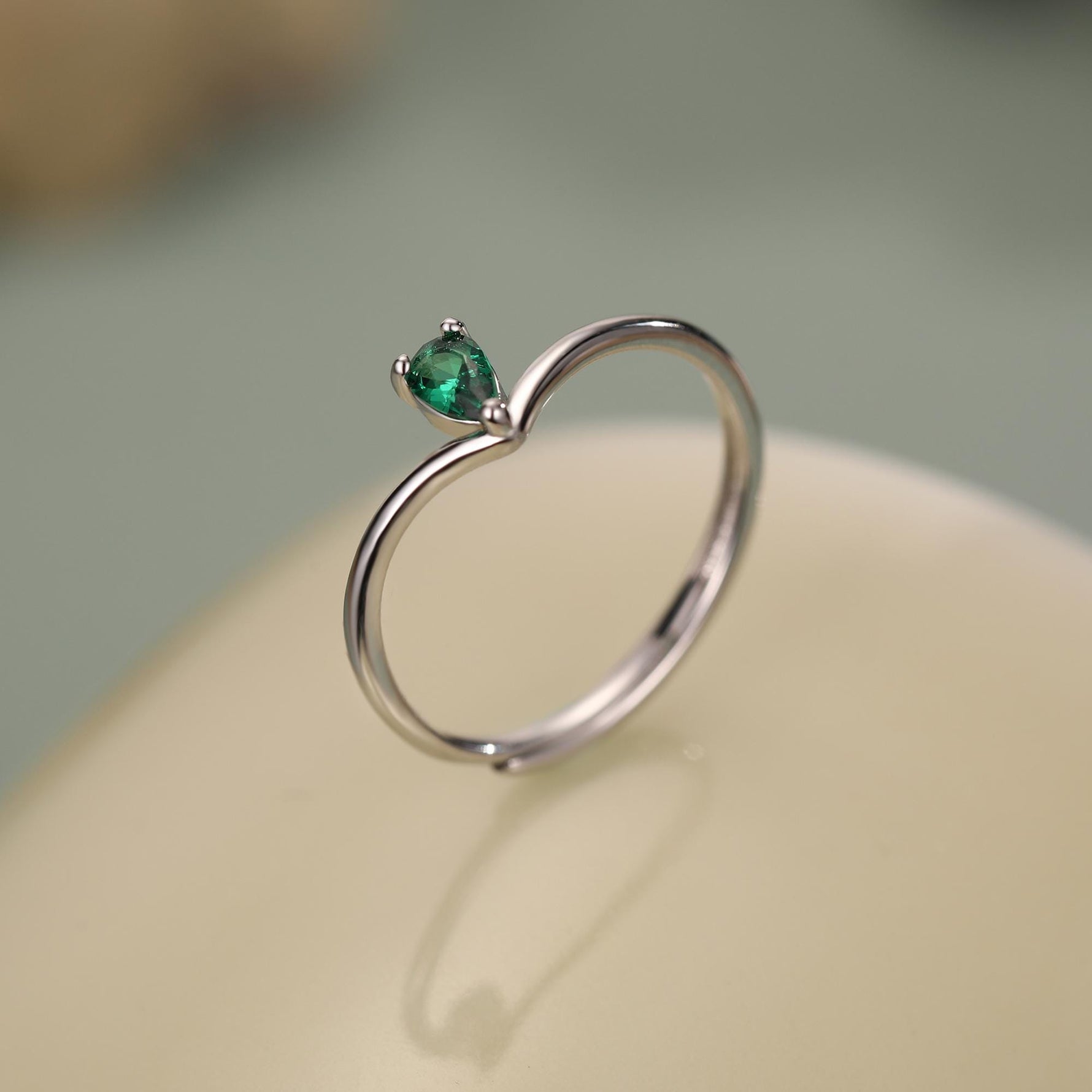 Emerald Green CZ Droplet Chevron Ring in Sterling Silver, 3x5mm, Prong Set Pear Cut V Ring, Adjustable Size, May Birthstone
