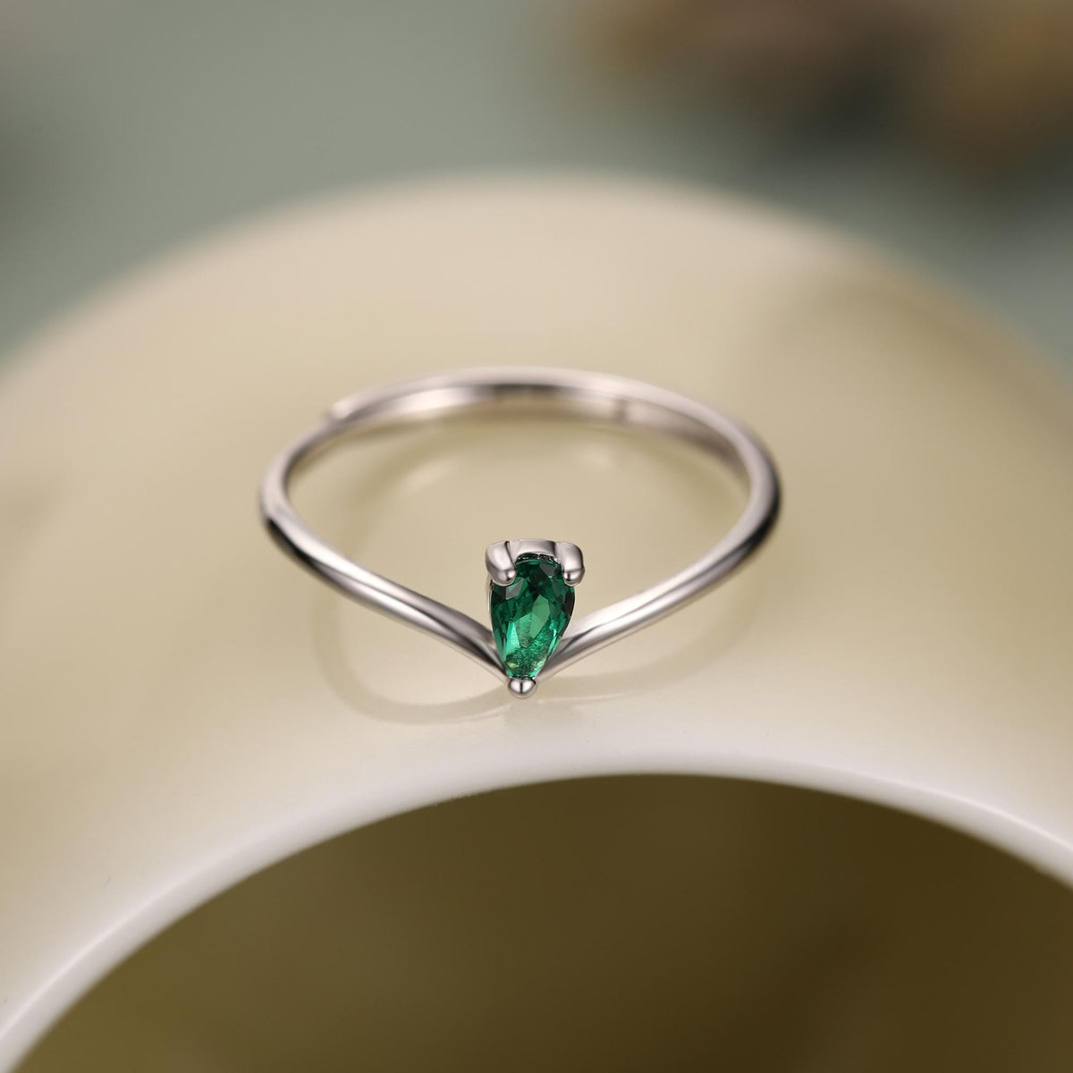 Emerald Green CZ Droplet Chevron Ring in Sterling Silver, 3x5mm, Prong Set Pear Cut V Ring, Adjustable Size, May Birthstone