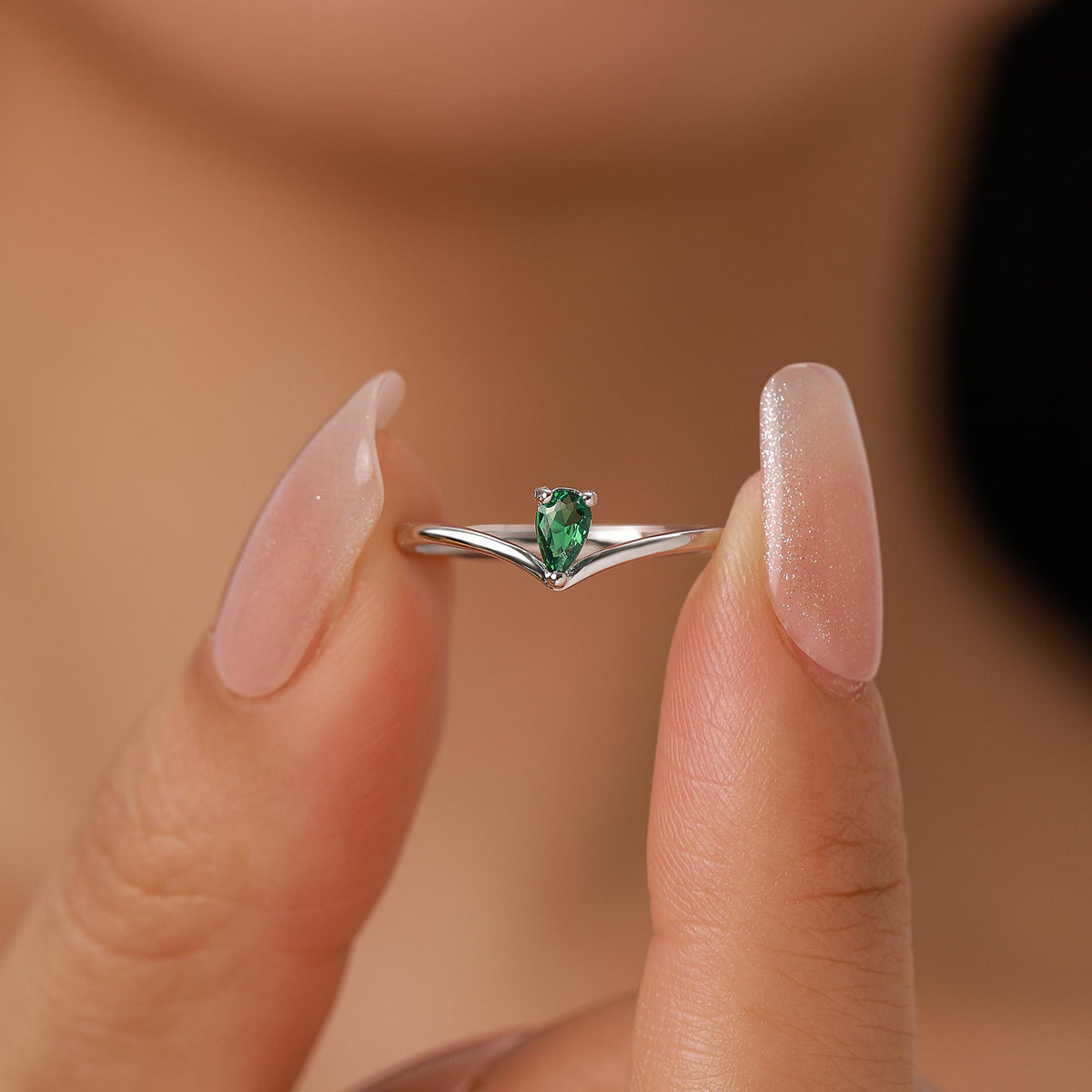 Emerald Green CZ Droplet Chevron Ring in Sterling Silver, 3x5mm, Prong Set Pear Cut V Ring, Adjustable Size, May Birthstone