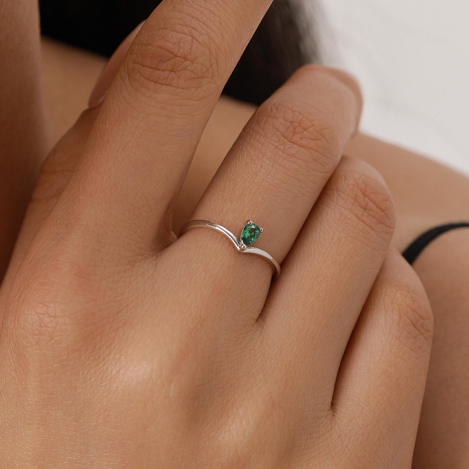 Emerald Green CZ Droplet Chevron Ring in Sterling Silver, 3x5mm, Prong Set Pear Cut V Ring, Adjustable Size, May Birthstone