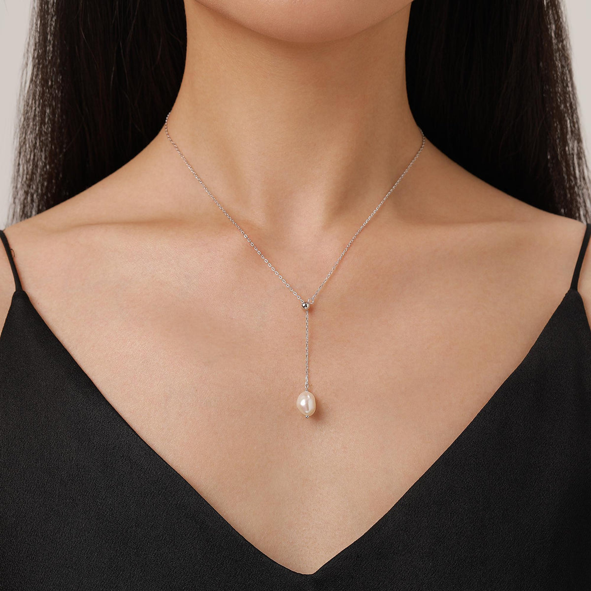Natural Baroque Pearl Adjustable Lariat Pendant Necklace in Sterling Silver