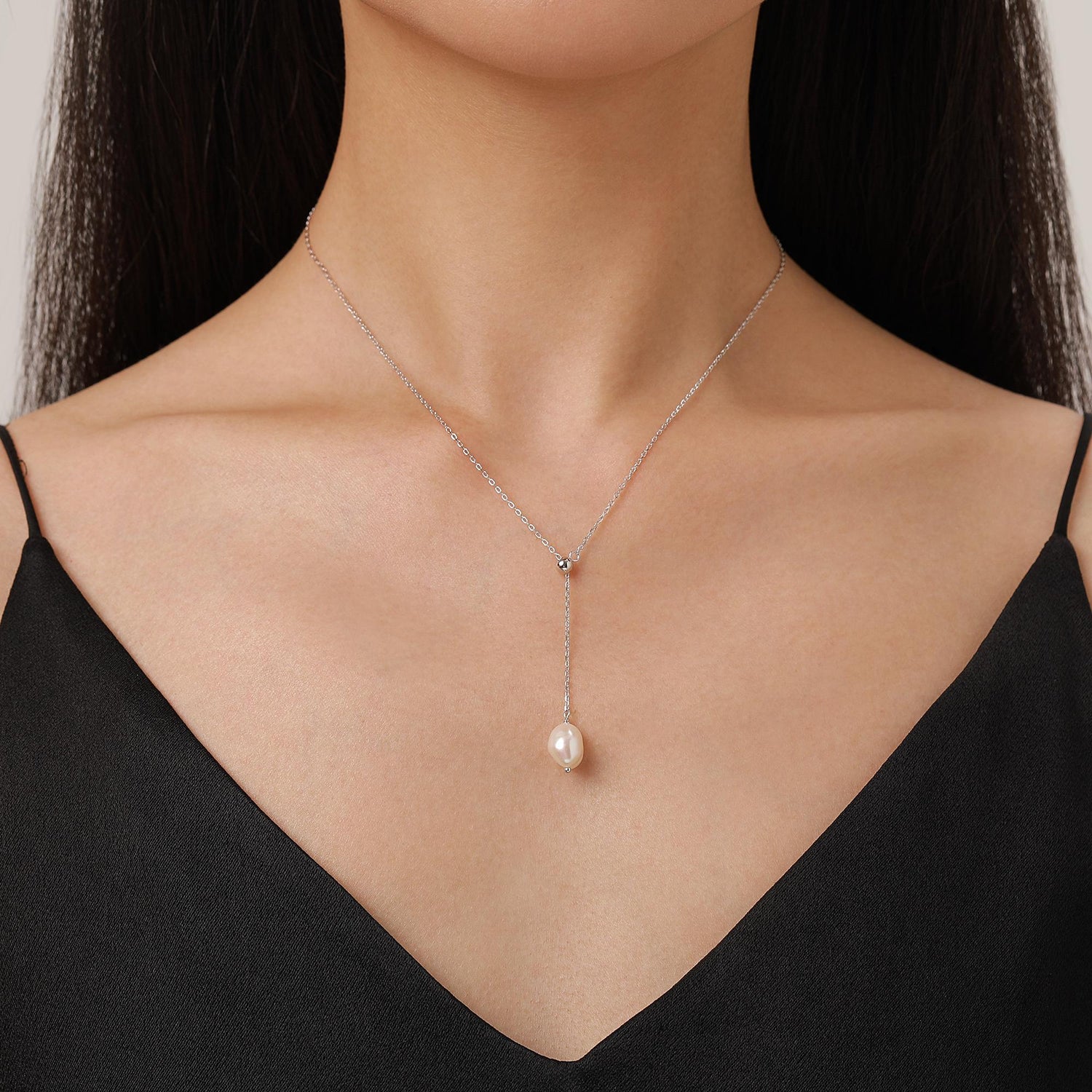 Natural Baroque Pearl Adjustable Lariat Pendant Necklace in Sterling Silver