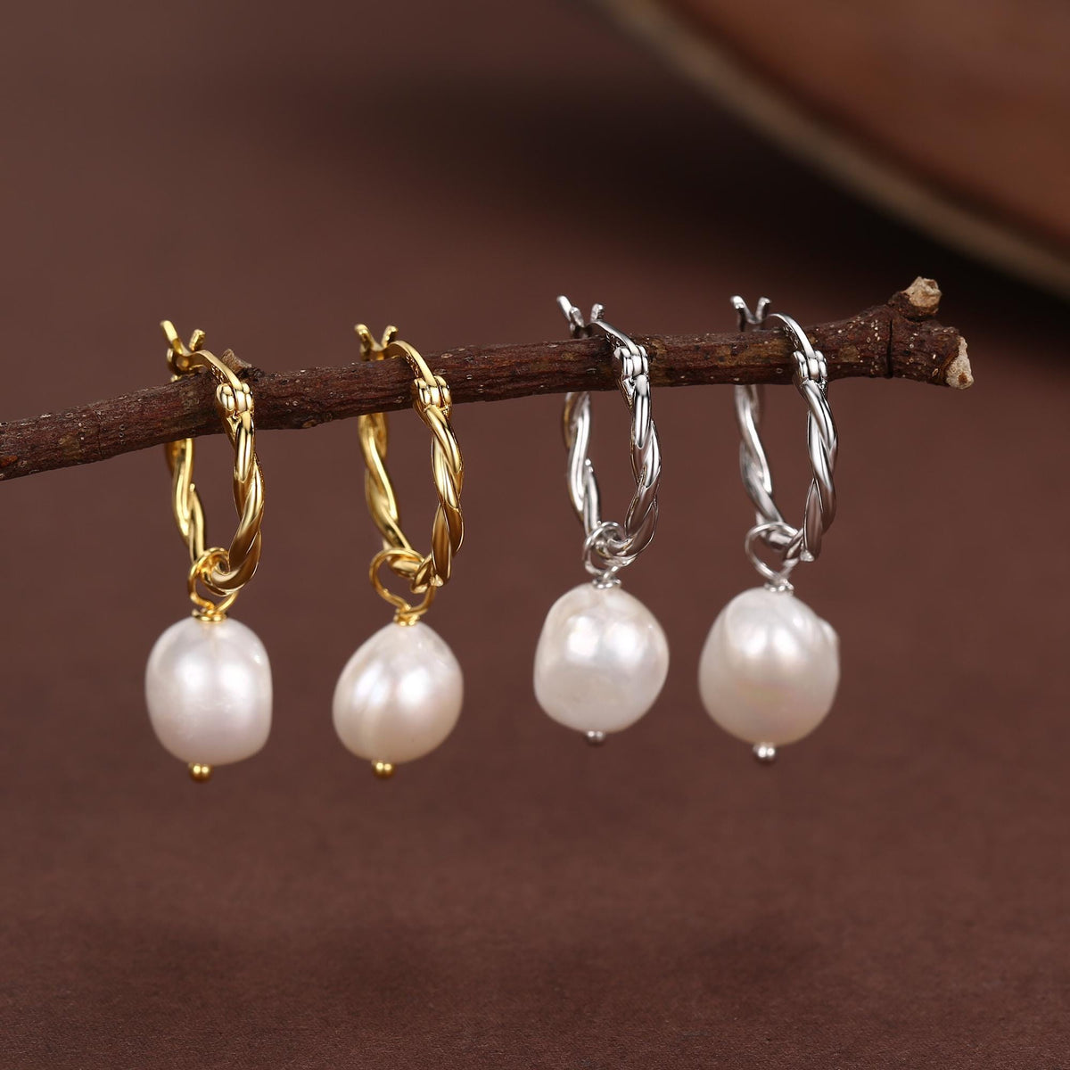 Braided Hoops with Dangling Baroque Pearl Drop Earrings in Sterling Silver