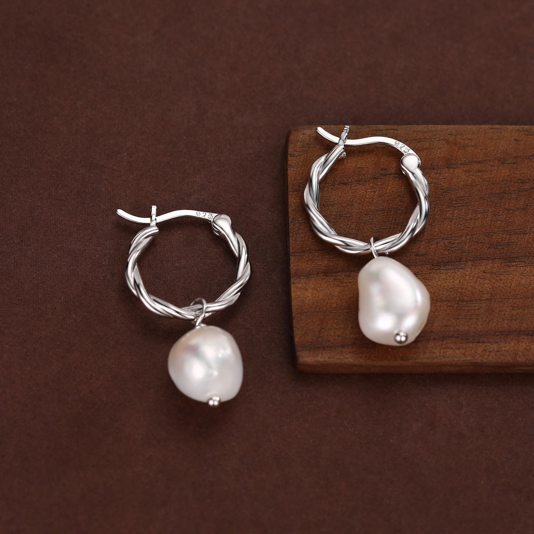 Braided Hoops with Dangling Baroque Pearl Drop Earrings in Sterling Silver