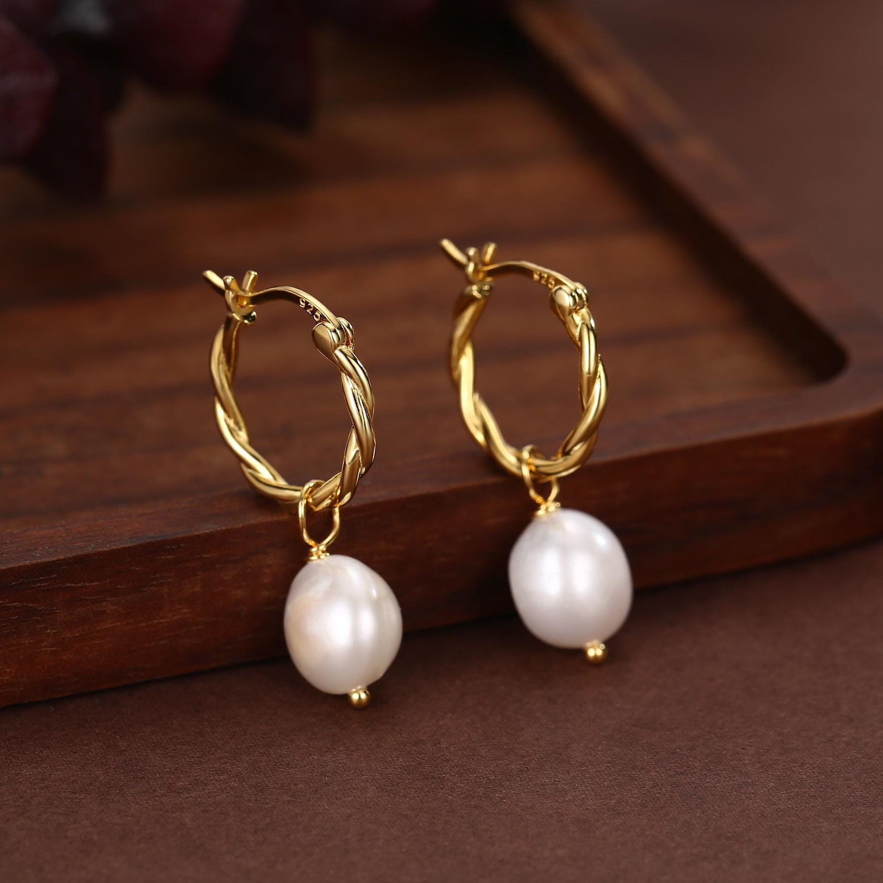 Braided Hoops with Dangling Baroque Pearl Drop Earrings in Sterling Silver