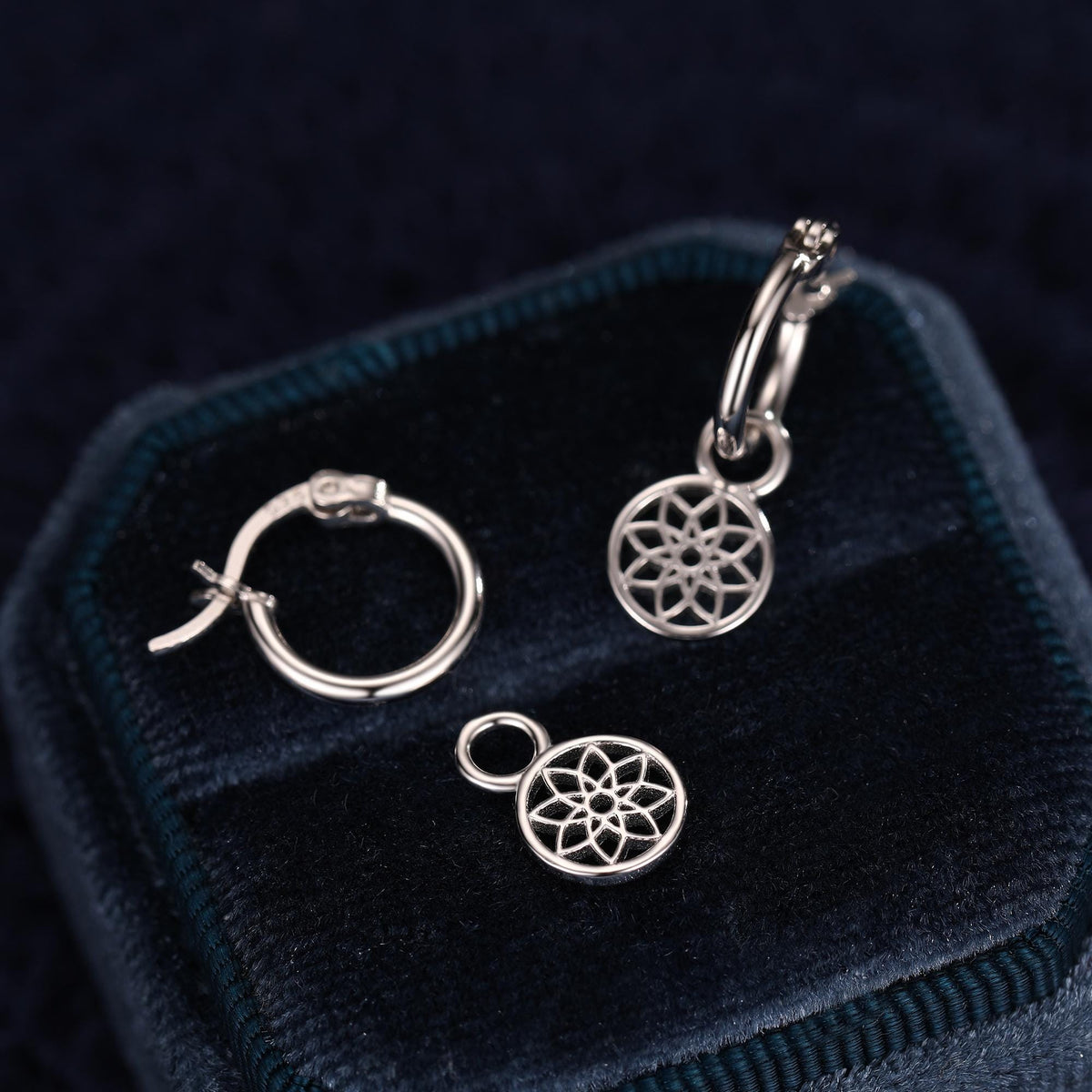 Mandala Flower Disk Dangle Huggie Hoop in Sterling Silver