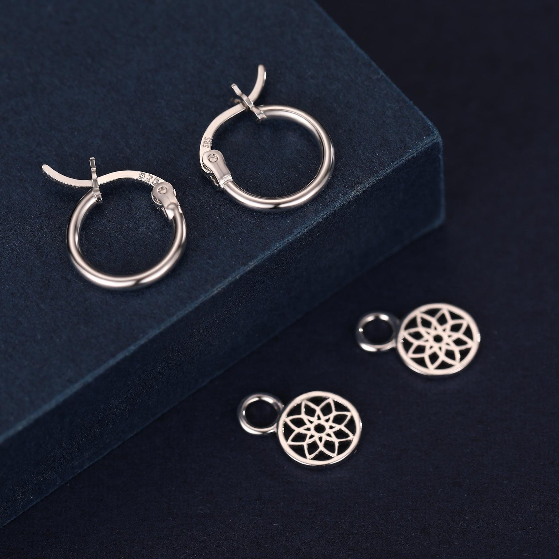 Mandala Flower Disk Charms for Huggie Hoops in Sterling Silver