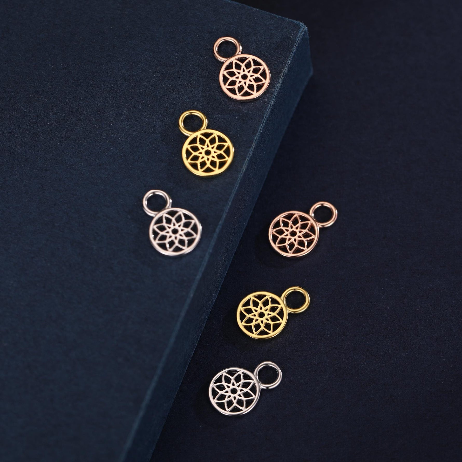Mandala Flower Disk Charms for Huggie Hoops in Sterling Silver