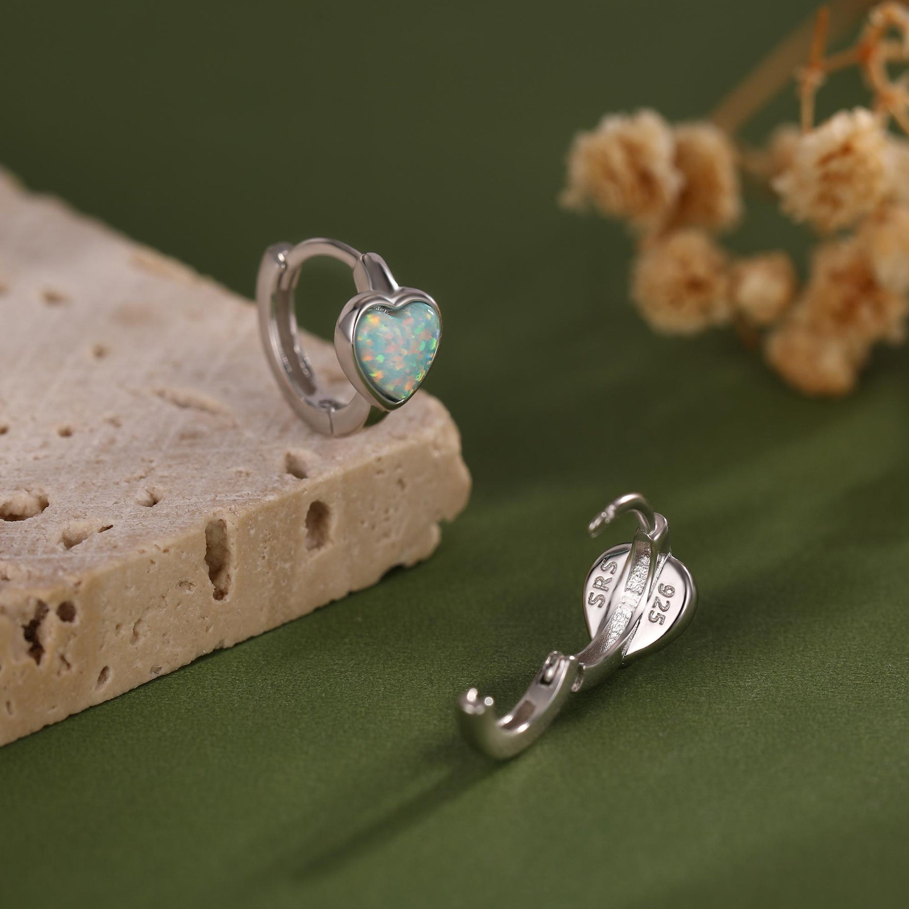 Aqua Green Opal Heart Huggie Hoop Earrings in Sterling Silver, Silver or Gold, Lab Opal Heart Hoops, Blue Opal Heart Hoops