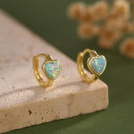 Aqua Green Opal Heart Huggie Hoop Earrings in Sterling Silver, Silver or Gold, Lab Opal Heart Hoops, Blue Opal Heart Hoops