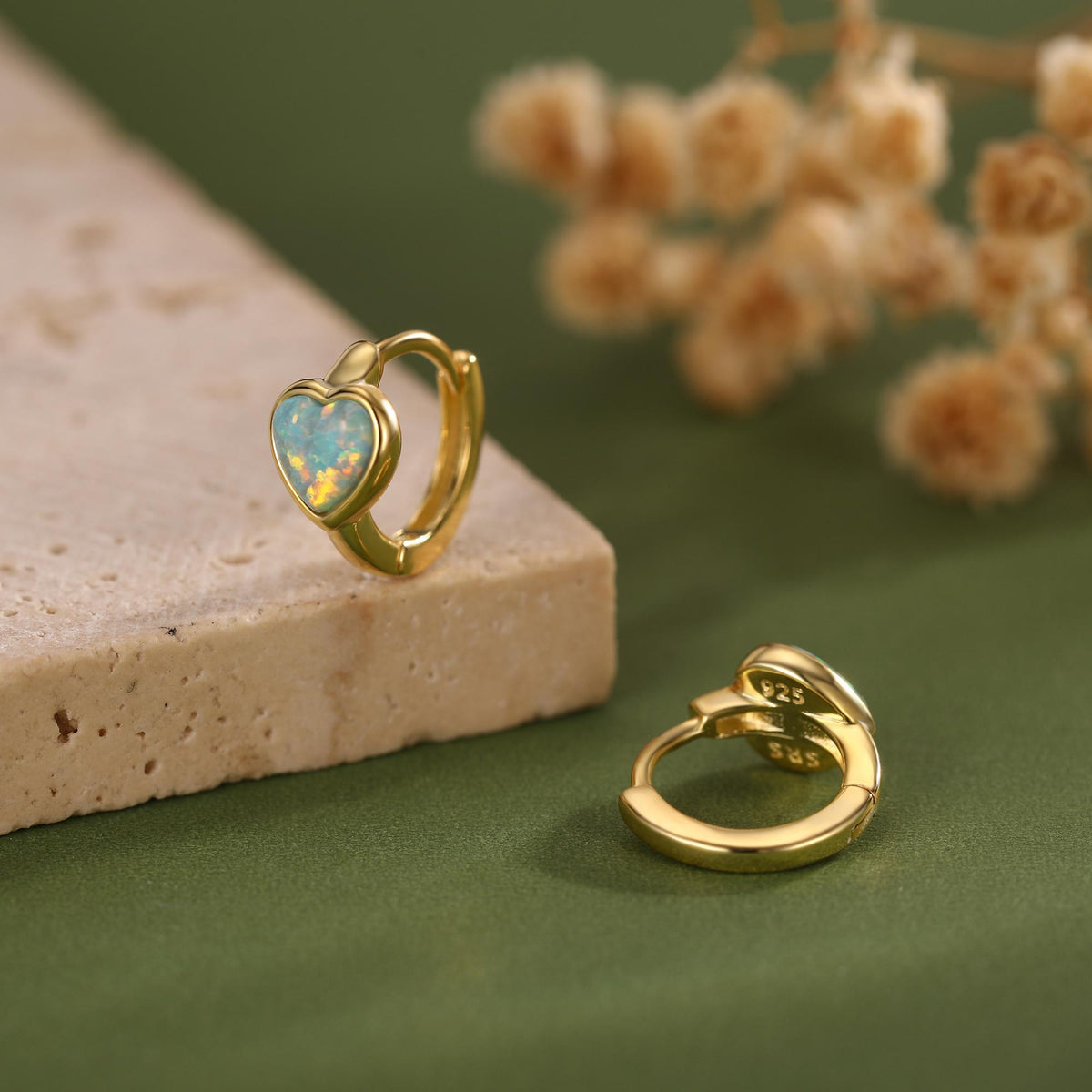 Aqua Green Opal Heart Huggie Hoop Earrings in Sterling Silver, Silver or Gold, Lab Opal Heart Hoops, Blue Opal Heart Hoops