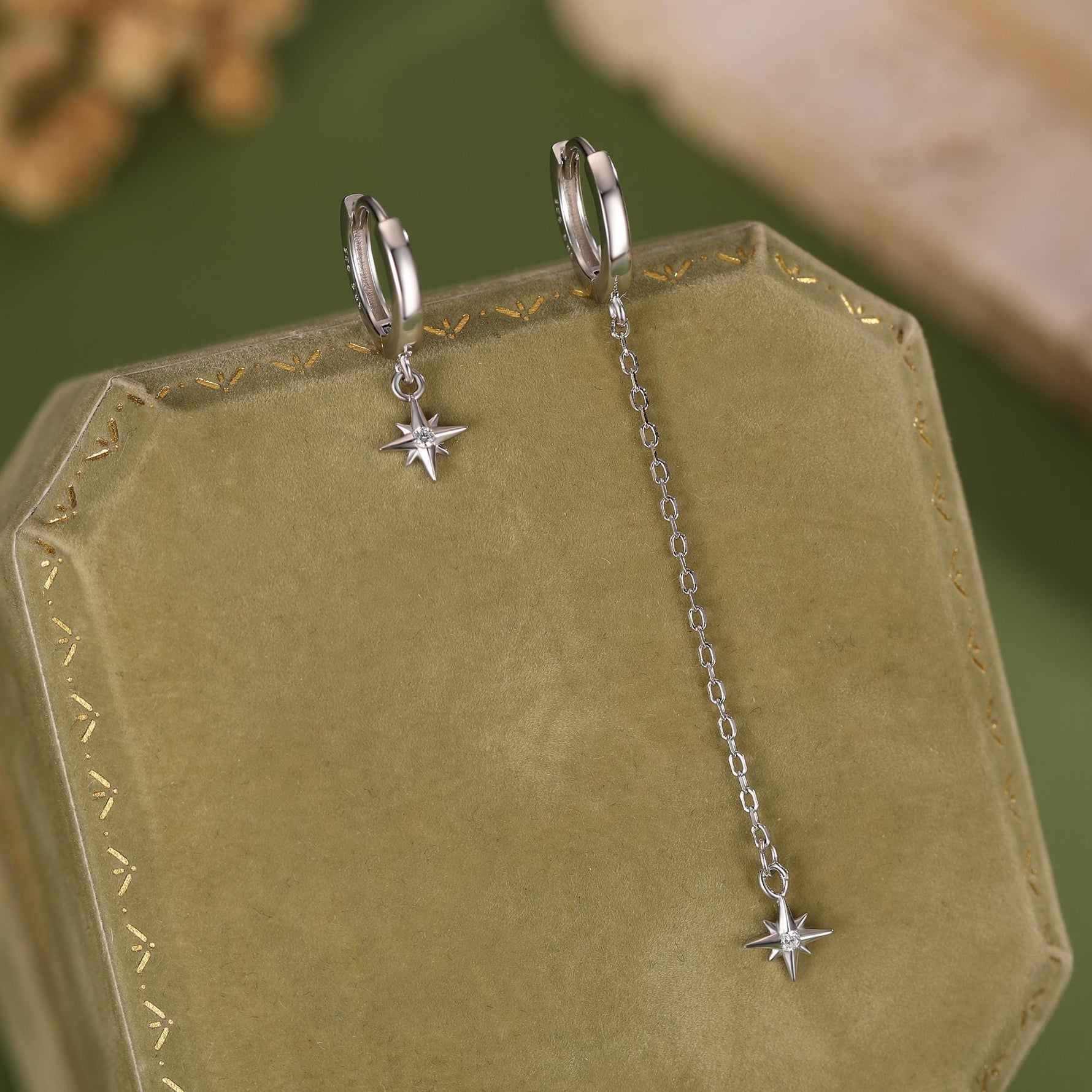 Asymmetric Tiny CZ Starburst Huggie Hoop Earrings in Sterling Silver, Silver, Gold or Rose Gold, North Star Earrings, Sunburst Earrings