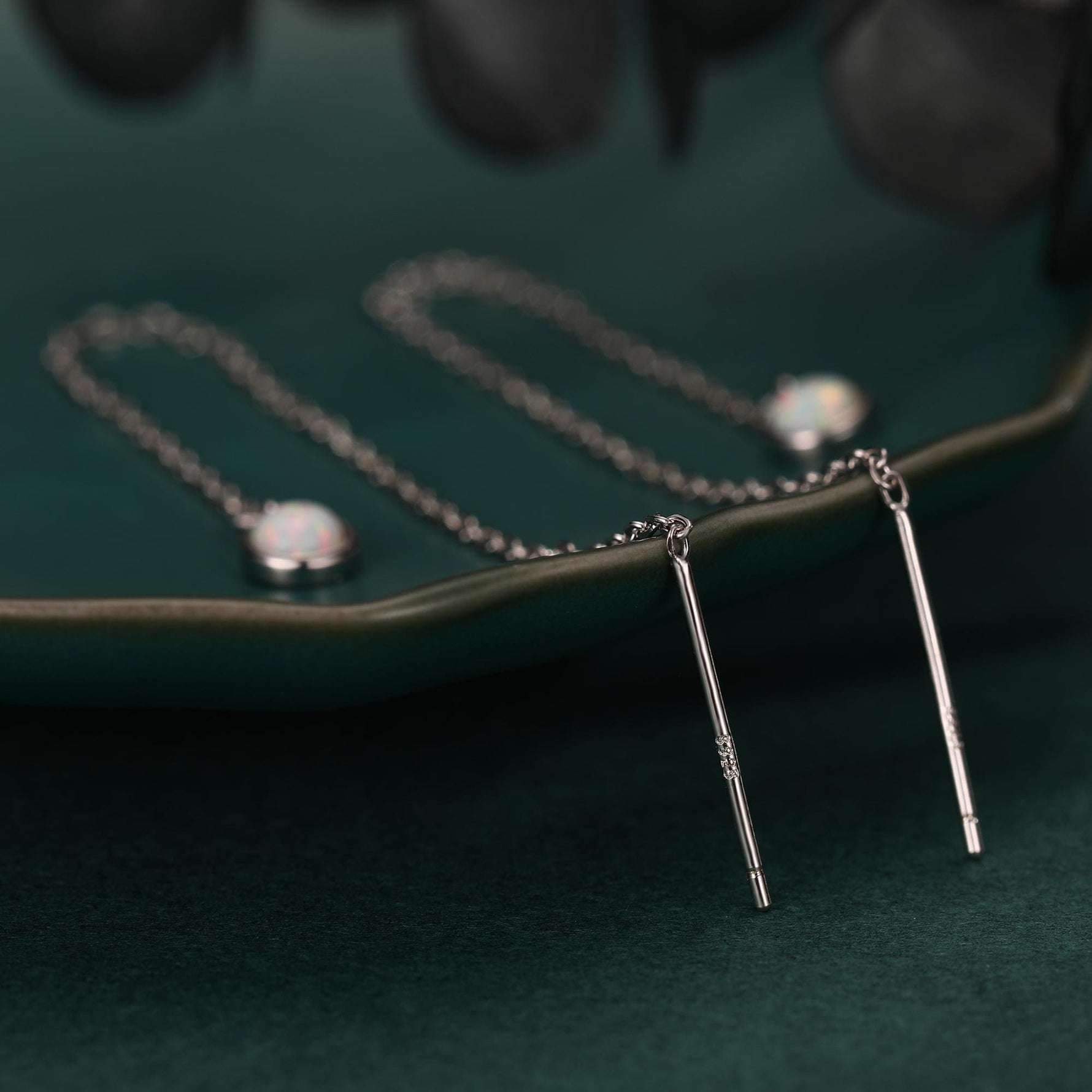 White Opal Dot Long Threader Earrings in Sterling Silver