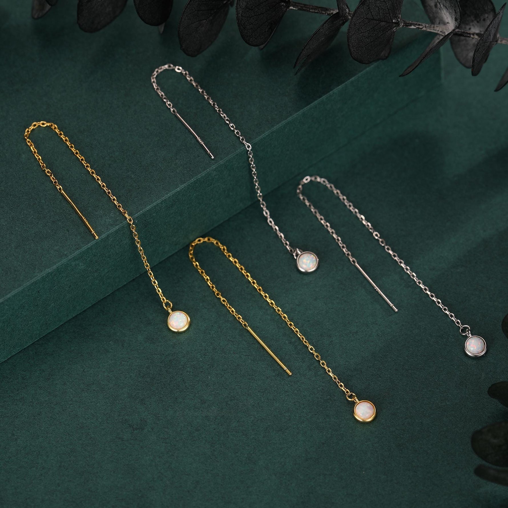 White Opal Dot Long Threader Earrings in Sterling Silver