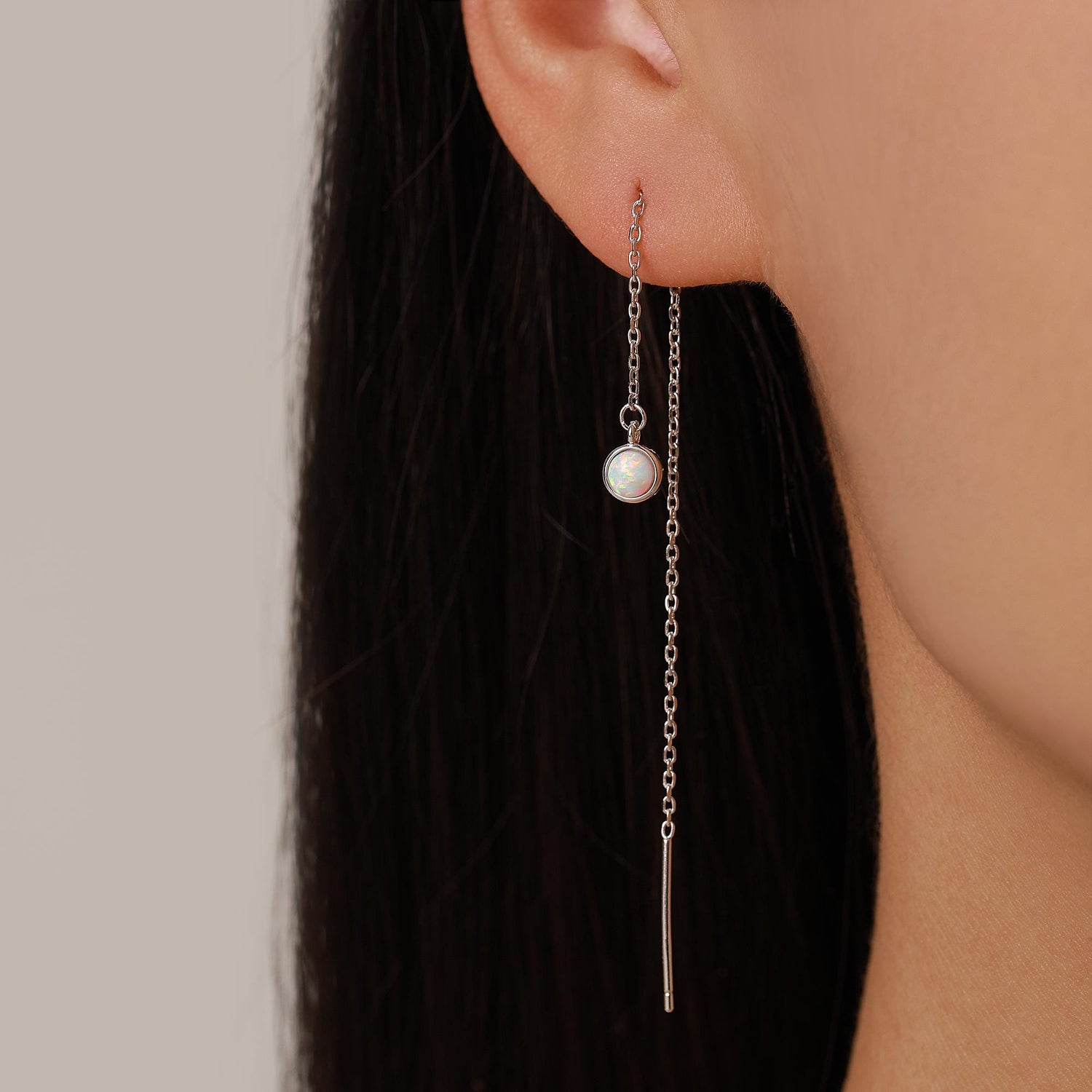 White Opal Dot Long Threader Earrings in Sterling Silver