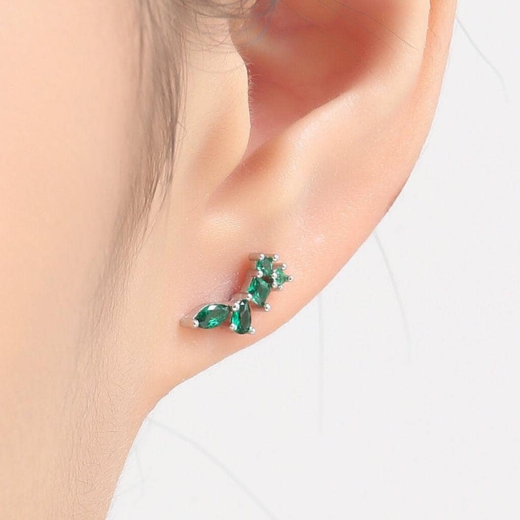 Emerald Green CZ Cluster Stud Earrings in Sterling Silver, Silver or Gold, Green Marquise Earrings, CZ Wing Earrings, Mini Crawler