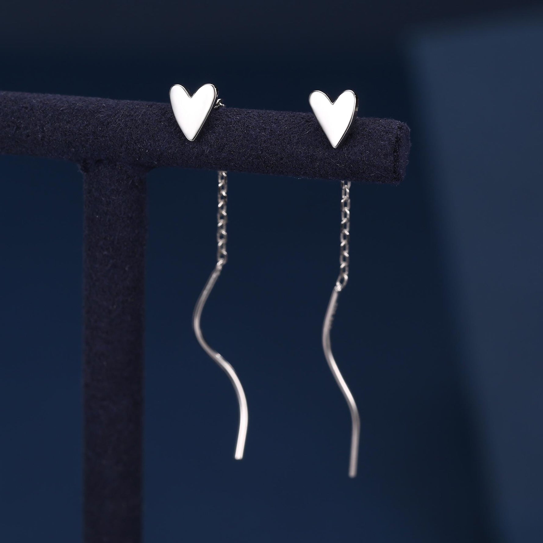 Tiny Heart Threader Earrings in Sterling Silver with Spiral Chains, Silver or Gold or Rose Gold, Heart Ear Threaders, Heart Threaders