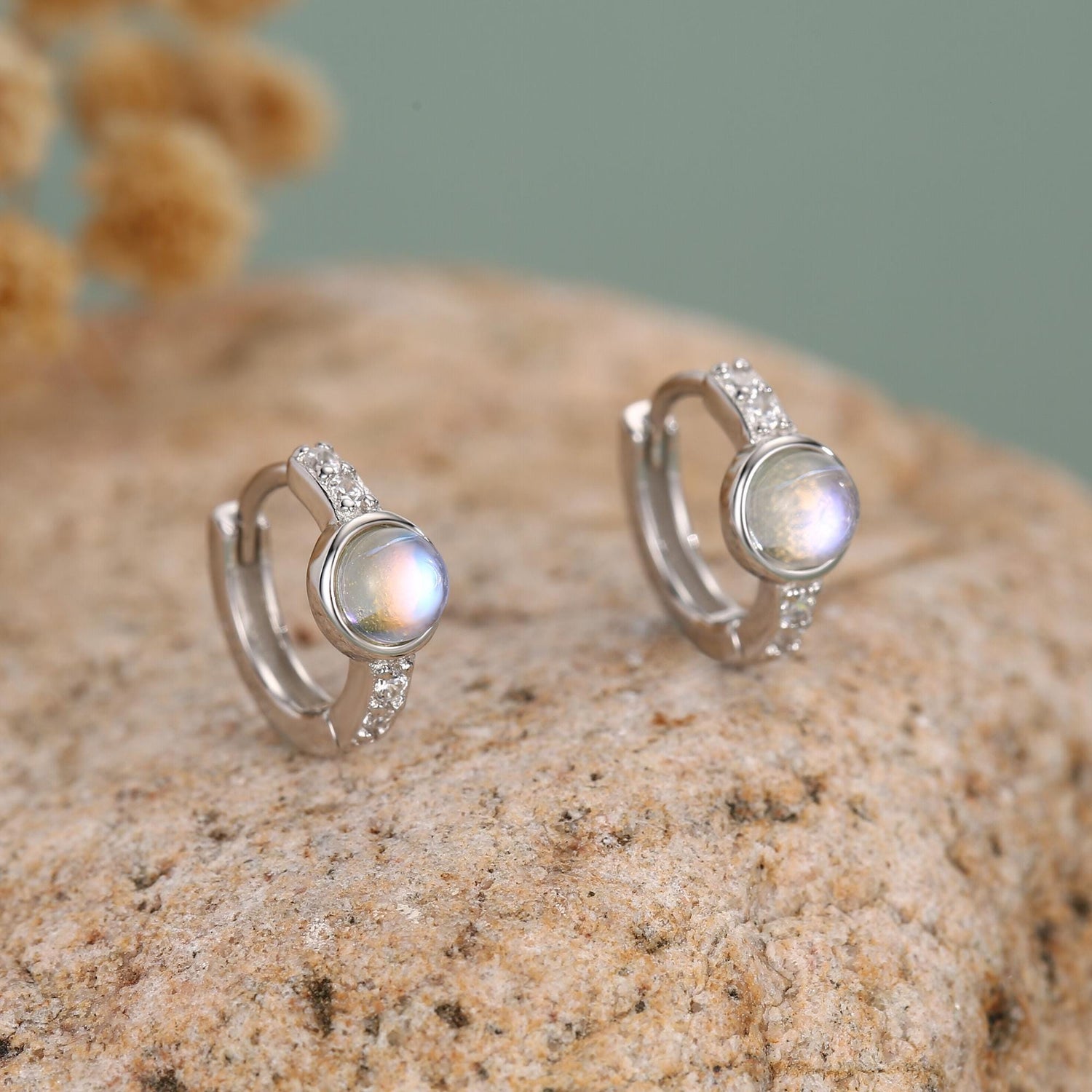 Moonstone CZ Huggie Hoop Earrings in Sterling Silver