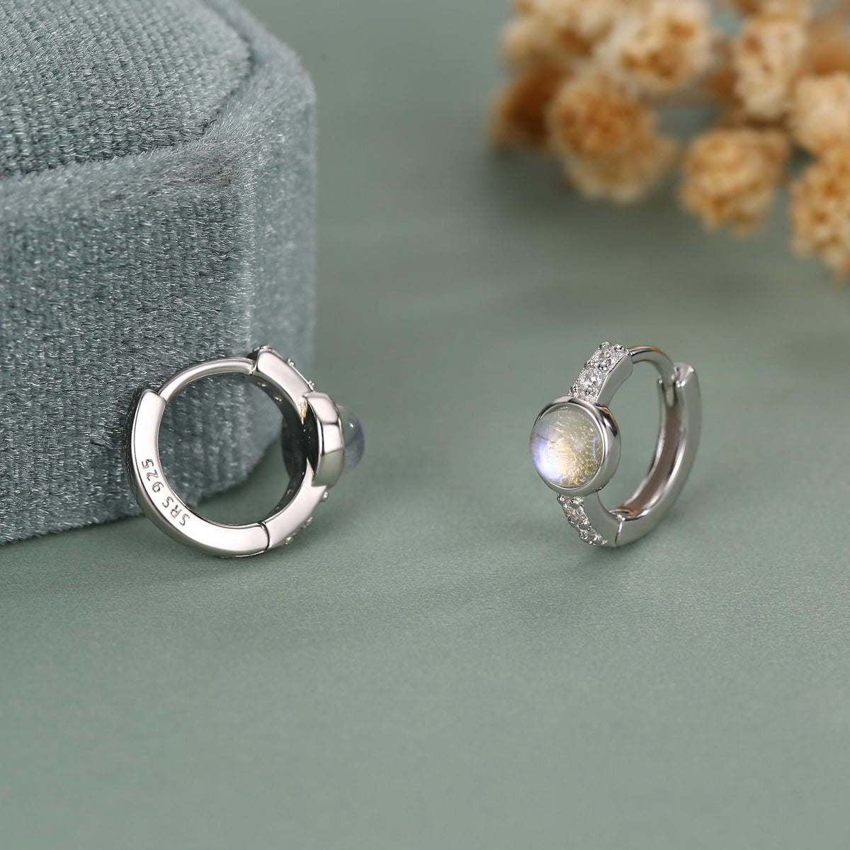 Moonstone CZ Huggie Hoop Earrings in Sterling Silver