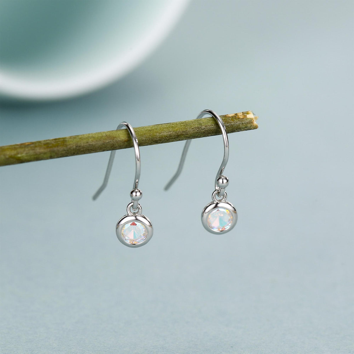Tiny 4mm Aurora CZ Drop Earrings in Sterling Silver, Colour Changing Cubic Zirconia Hook Earrings, Silver, Gold or Rose Gold, AB Crystals