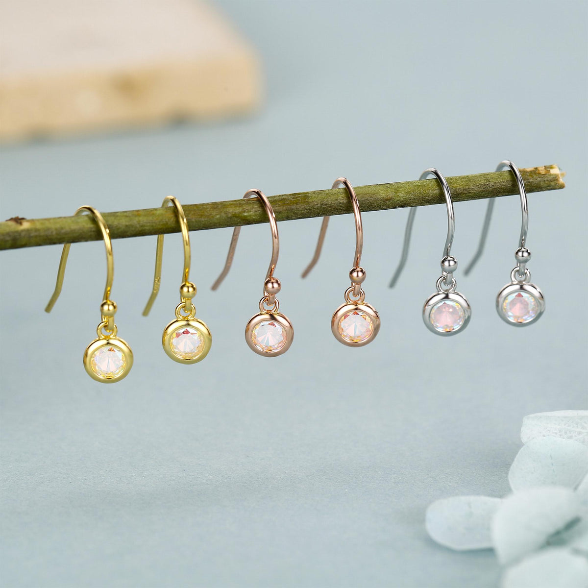 Tiny 4mm Aurora CZ Drop Earrings in Sterling Silver, Colour Changing Cubic Zirconia Hook Earrings, Silver, Gold or Rose Gold, AB Crystals