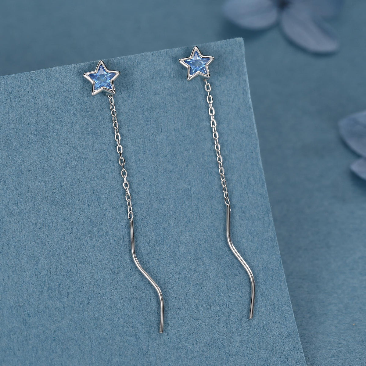 Aquamarine Blue Star Bezel CZ Crystal Threader Earrings in Sterling Silver, Silver or Gold, Minimalist Star Cut Ear Threaders