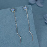 Aquamarine Blue Star Bezel CZ Crystal Threader Earrings in Sterling Silver, Silver or Gold, Minimalist Star Cut Ear Threaders