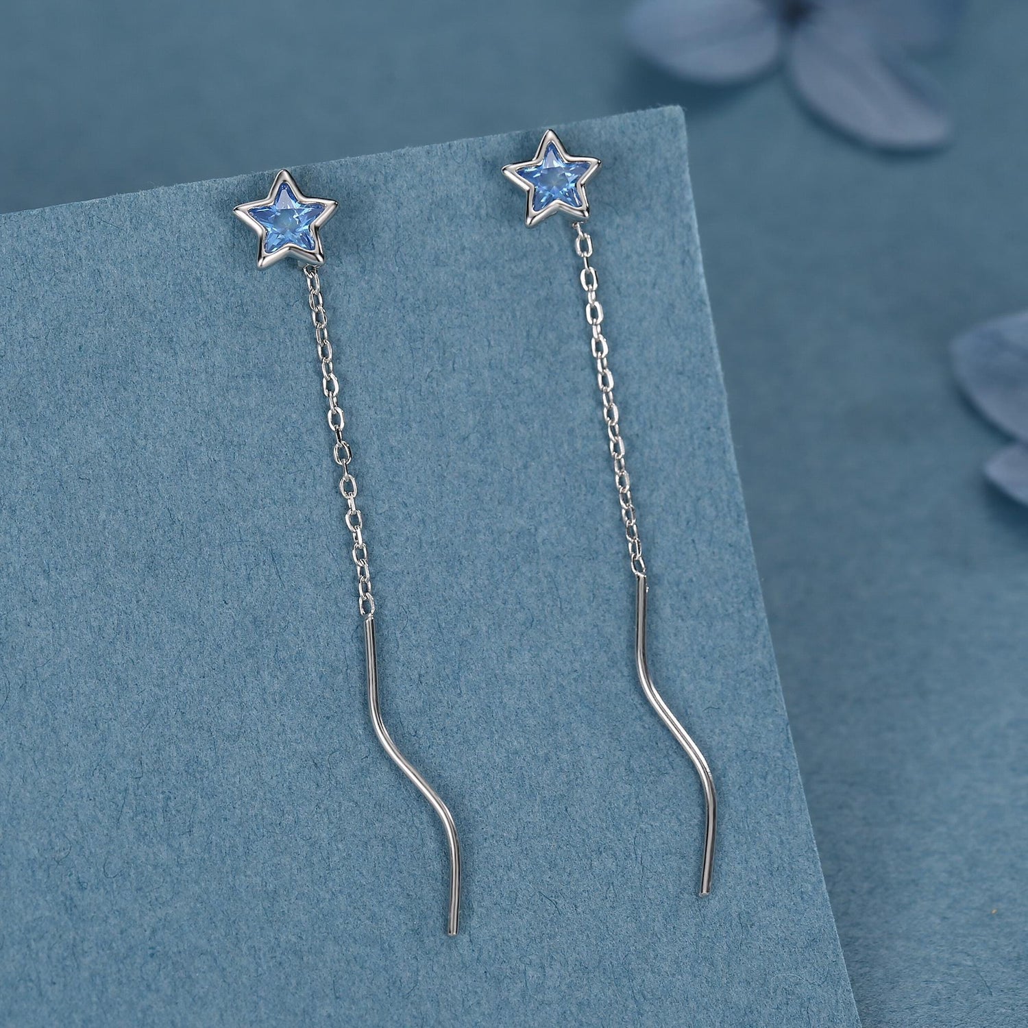 Aquamarine Blue Star Bezel CZ Crystal Threader Earrings in Sterling Silver, Silver or Gold, Minimalist Star Cut Ear Threaders
