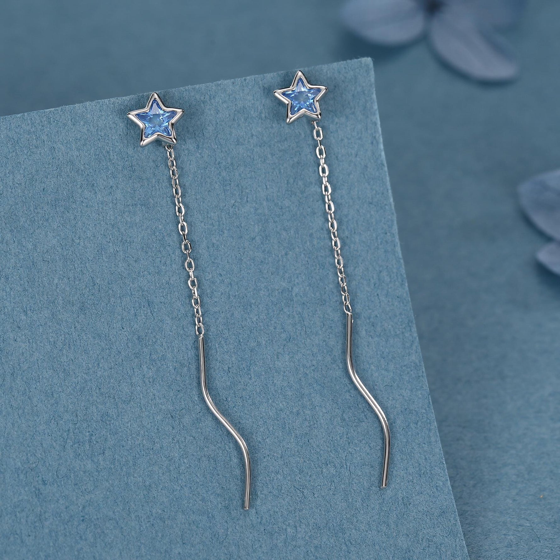 Aquamarine Blue Star Bezel CZ Crystal Threader Earrings in Sterling Silver, Silver or Gold, Minimalist Star Cut Ear Threaders
