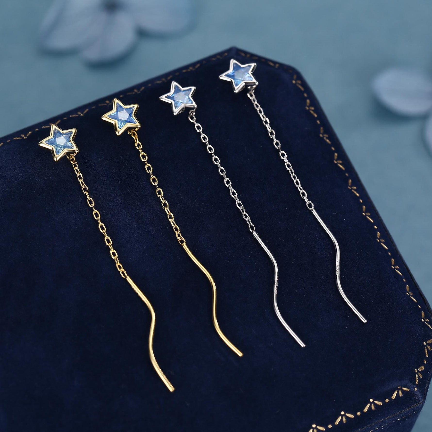 Aquamarine Blue Star Bezel CZ Crystal Threader Earrings in Sterling Silver, Silver or Gold, Minimalist Star Cut Ear Threaders