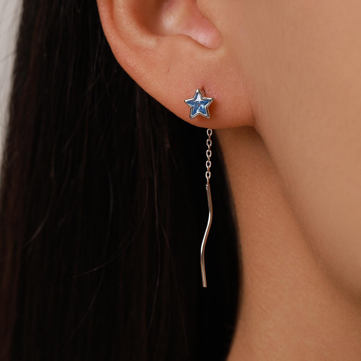 Aquamarine Blue Star Bezel CZ Crystal Threader Earrings in Sterling Silver, Silver or Gold, Minimalist Star Cut Ear Threaders