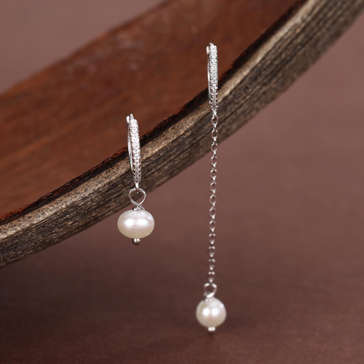Asymmetric Natural Freshwater Pearl Huggie Hoops Earrings in Sterling Silver
