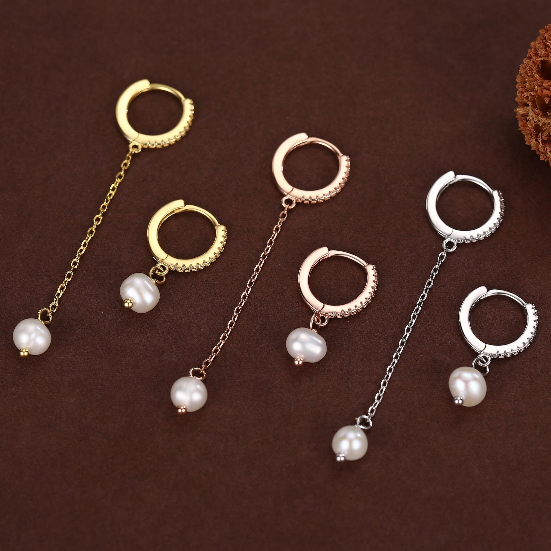 Asymmetric Natural Freshwater Pearl Huggie Hoops Earrings in Sterling Silver