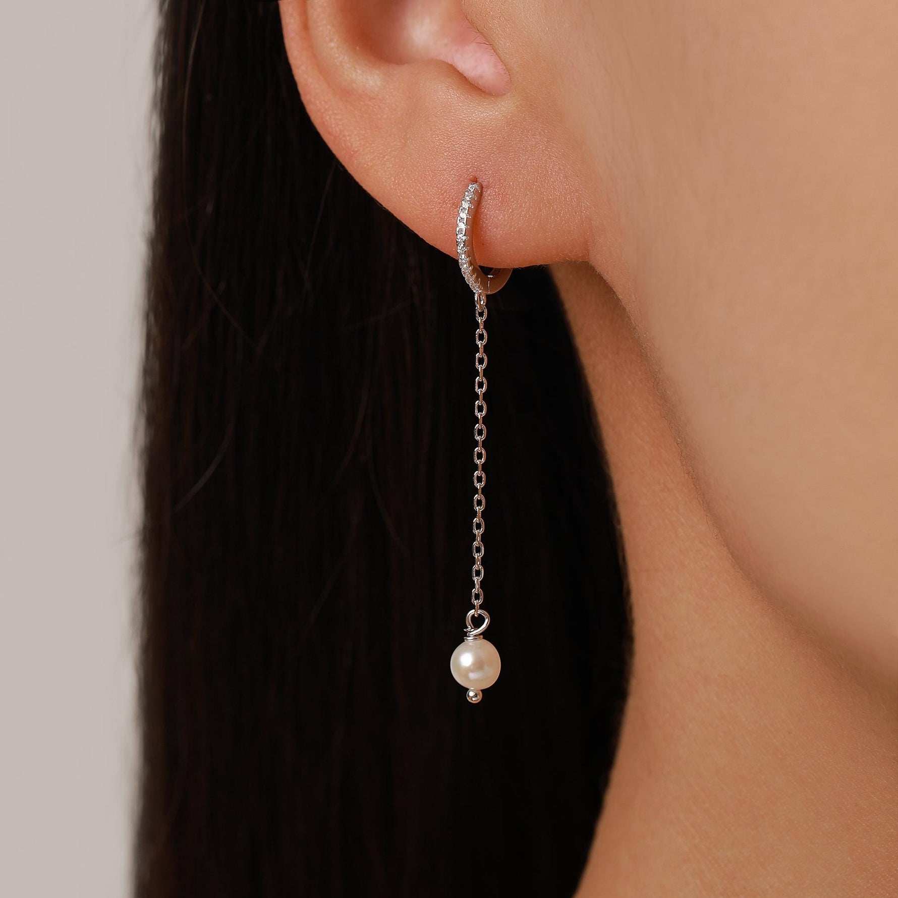 Asymmetric Natural Freshwater Pearl Huggie Hoops Earrings in Sterling Silver