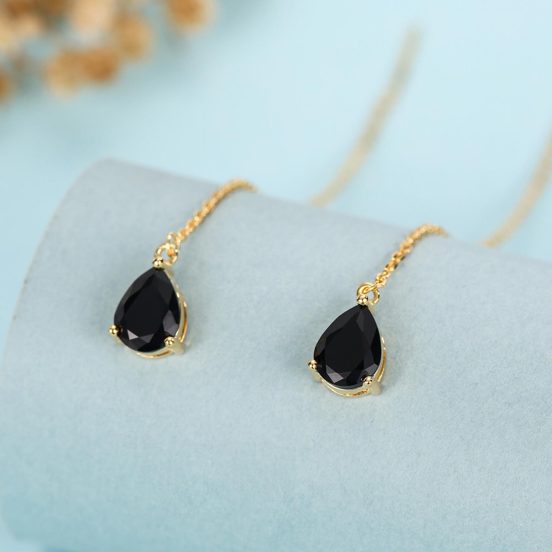 Black CZ Droplet Threader Earrings in Sterling Silver, Silver or Gold, 5x7mm Pear Cut CZ Long Ear Threaders, Sparkly CZ Threaders