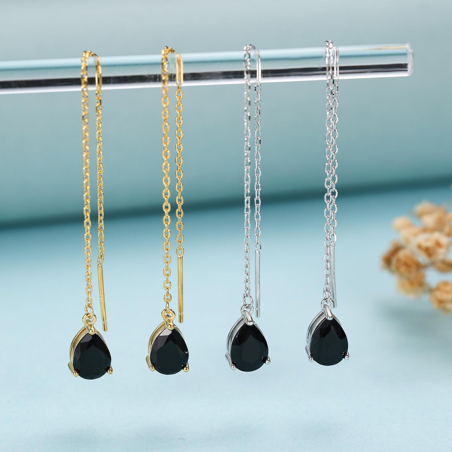 Black CZ Droplet Threader Earrings in Sterling Silver, Silver or Gold, 5x7mm Pear Cut CZ Long Ear Threaders, Sparkly CZ Threaders