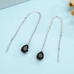 Black CZ Droplet Threader Earrings in Sterling Silver, Silver or Gold, 5x7mm Pear Cut CZ Long Ear Threaders, Sparkly CZ Threaders