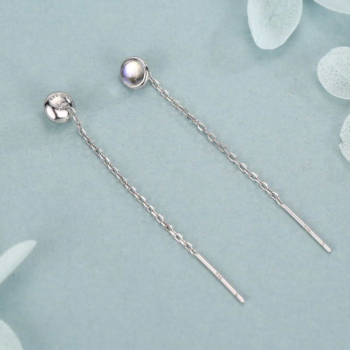 4mm Simulated Moonstone Dot Threader Earrings in Sterling Silver, Lab Moonstone Pull Through Ear Threaders, Silver or Gold, Chain Earrings